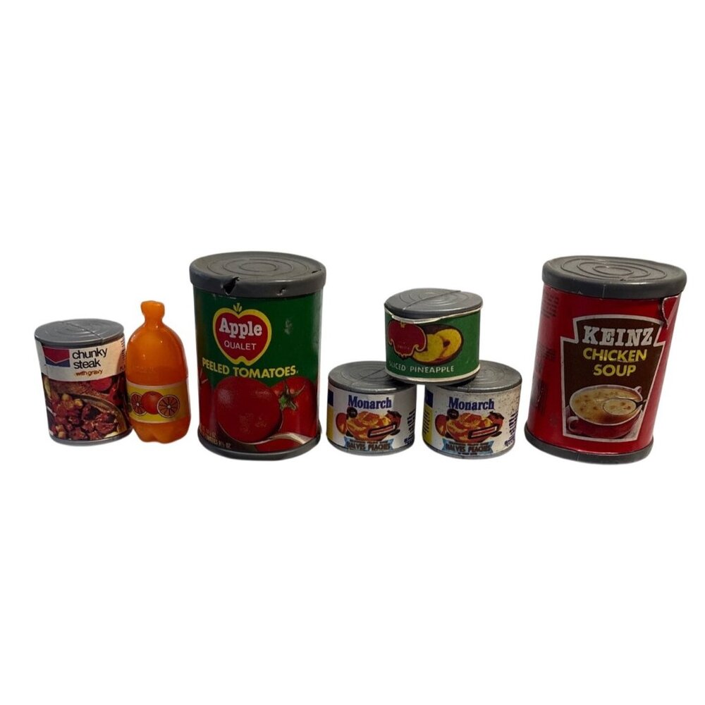 Vintage Miniature Food Can & Bottle Set For Dolls Set of 7 Soup Fruit etc.